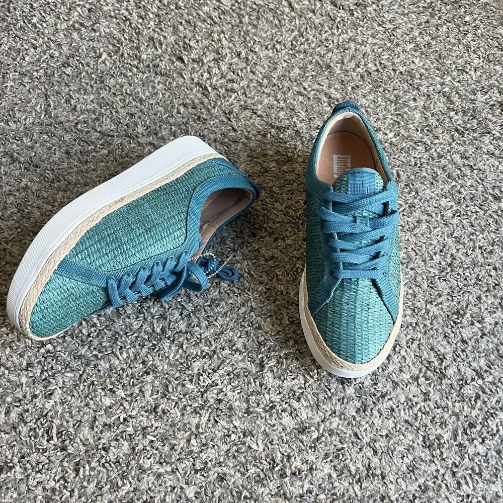 FitFlop Rally Basket Weave Raffia Fashion Sneakers Shoe Lace Blue Women US 5 New